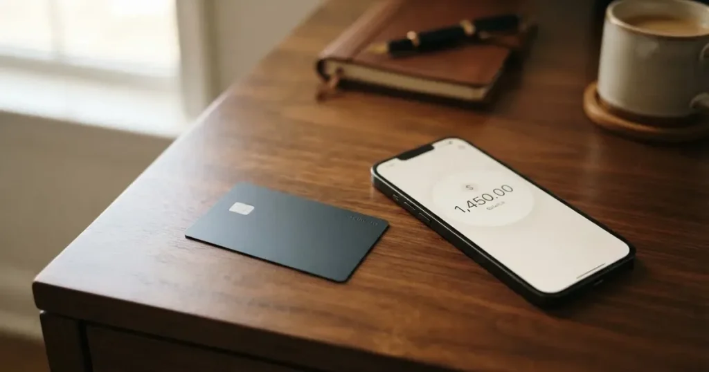 A payment card next to a phone with a crypto wallet app open