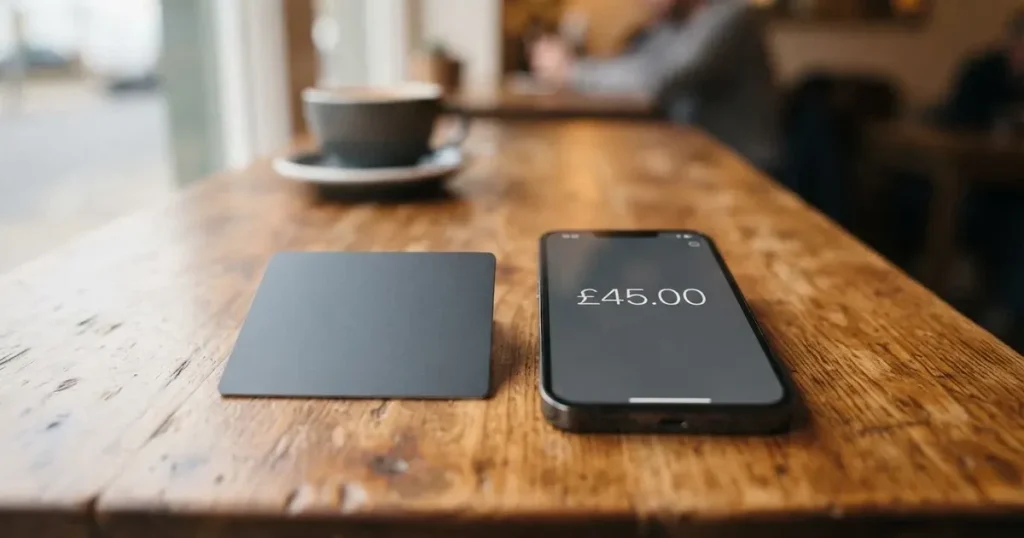 A payment card next to a phone with a crypto wallet app open