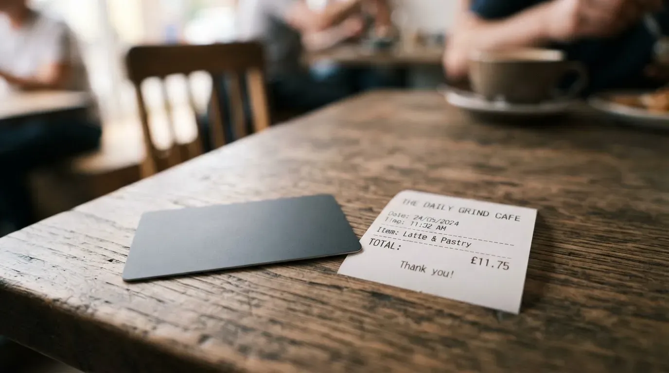 A receipt and a card on a café table