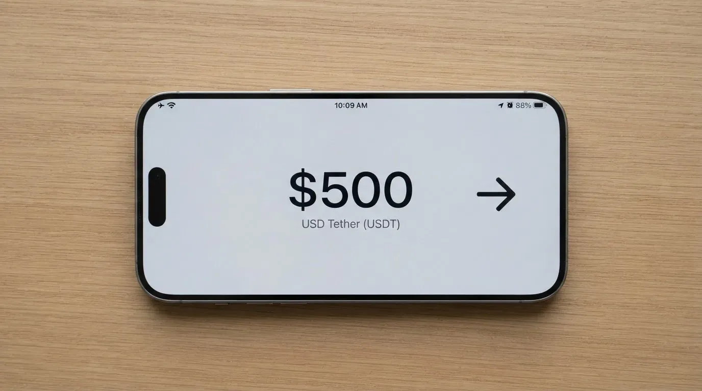 A phone showing a stablecoin transfer screen