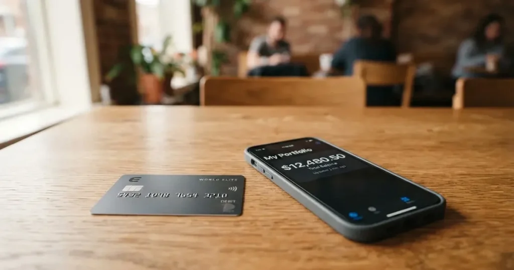 A payment card next to a phone with a crypto wallet app open