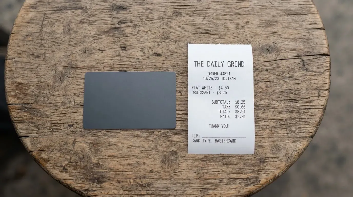 A receipt and a card on a café table