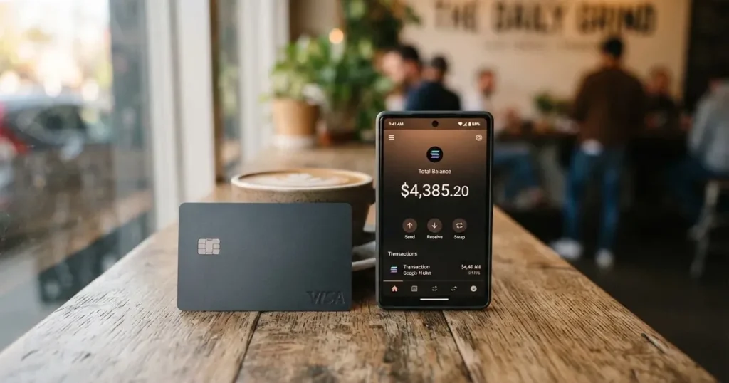 A payment card next to a phone with a crypto wallet app open