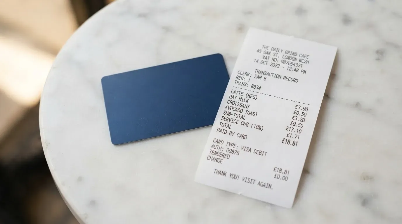 A receipt and a card on a café table