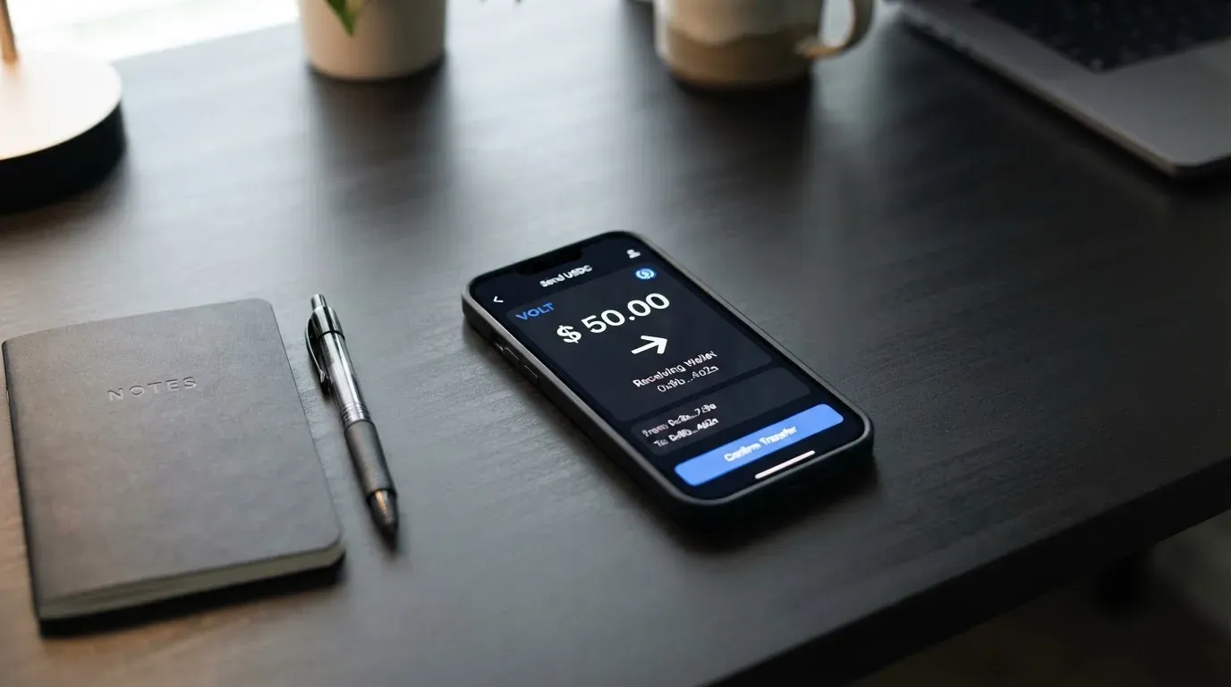 A phone showing a stablecoin transfer screen