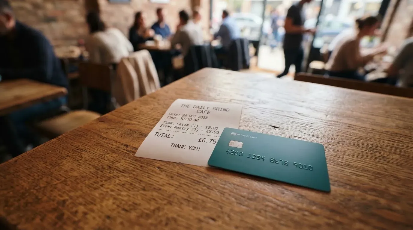 A receipt and a card on a café table