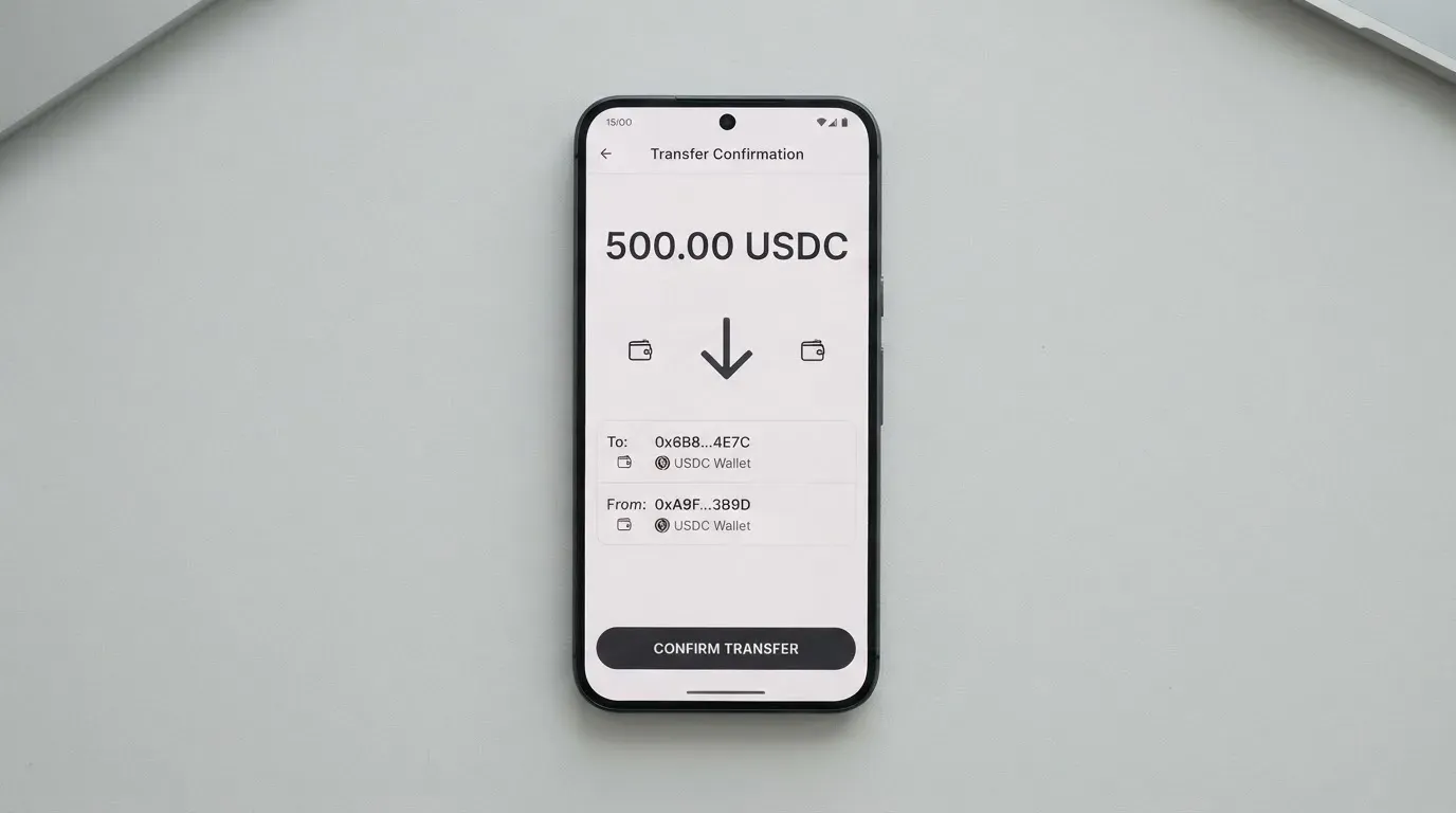 A phone showing a stablecoin transfer screen