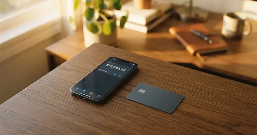 A payment card next to a phone with a crypto wallet app open
