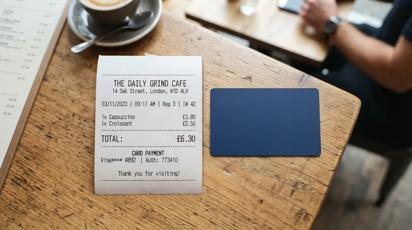 A receipt and a card on a café table