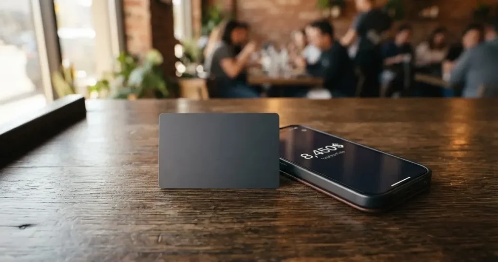 A payment card next to a phone with a crypto wallet app open