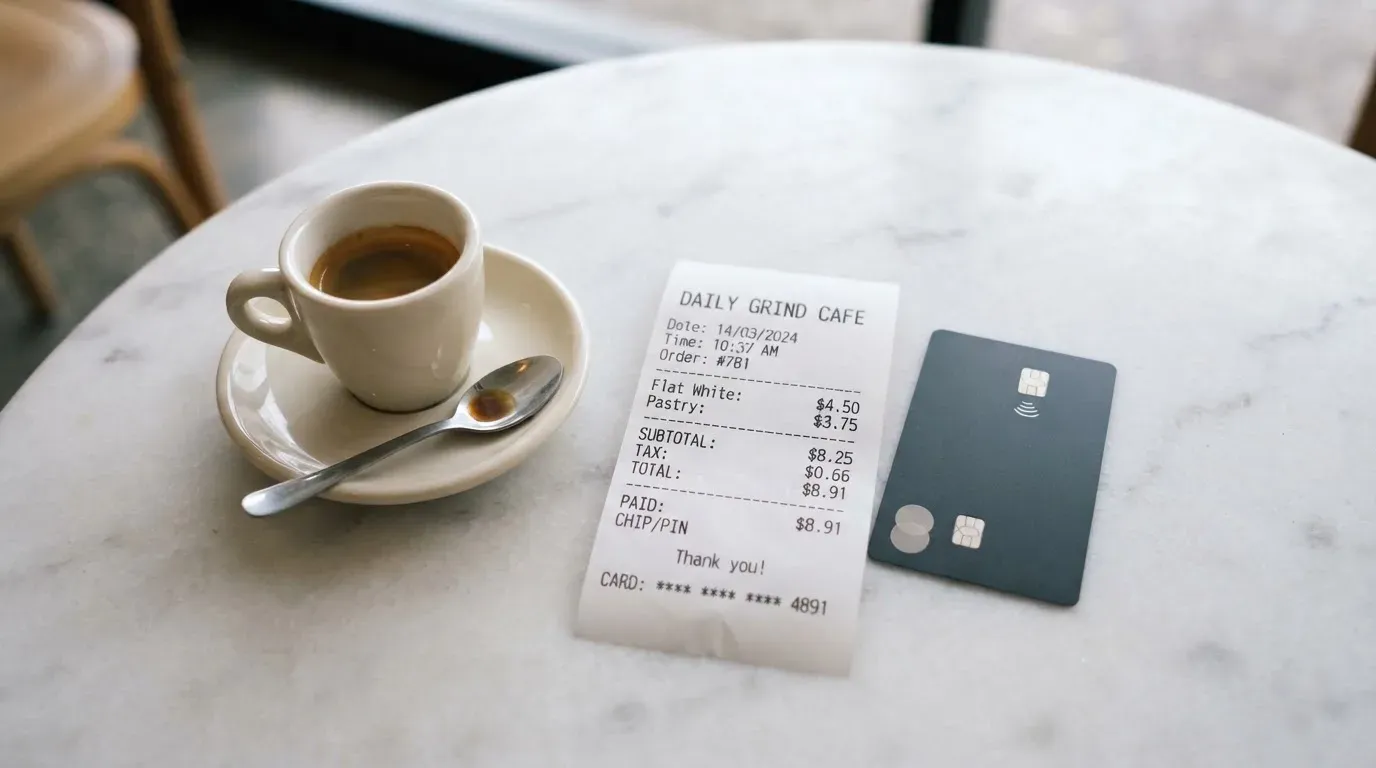 A receipt and a card on a café table