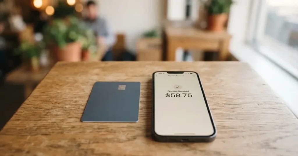 A payment card next to a phone with a crypto wallet app open