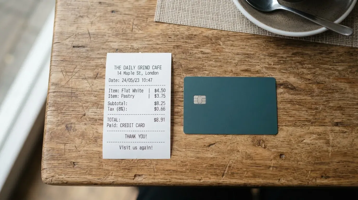 A receipt and a card on a café table