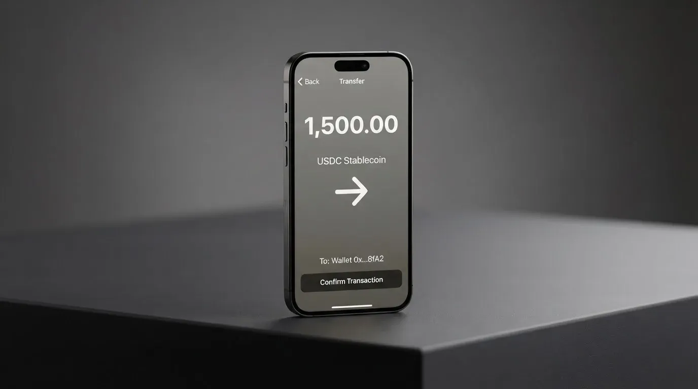 A phone showing a stablecoin transfer screen