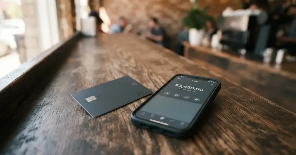 A payment card next to a phone with a crypto wallet app open