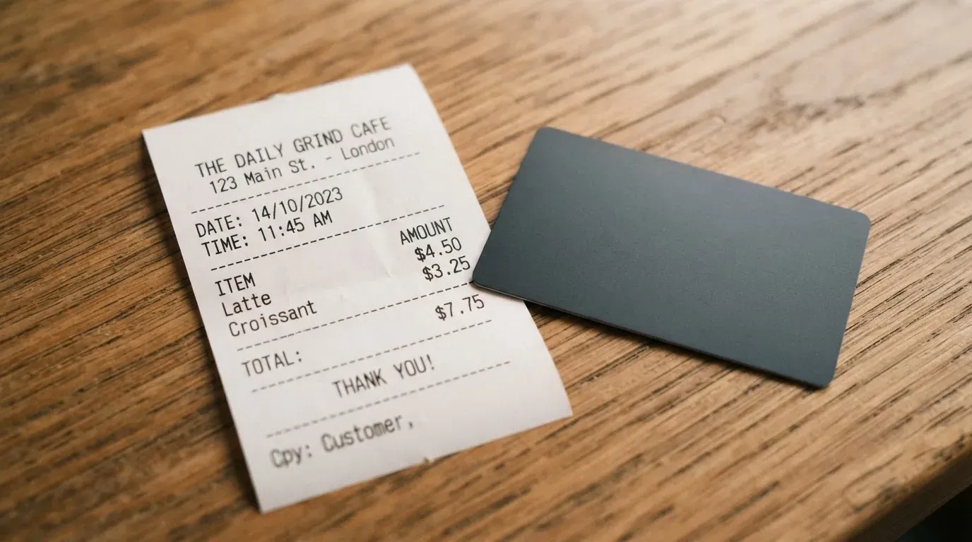 A receipt and a card on a café table