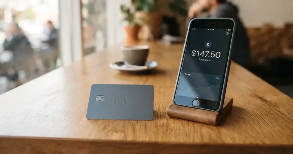 A payment card next to a phone with a crypto wallet app open