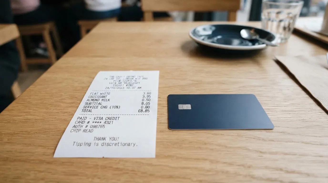 A receipt and a card on a café table