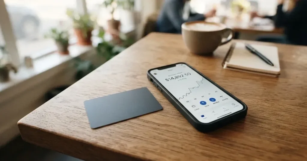 A payment card next to a phone with a crypto wallet app open
