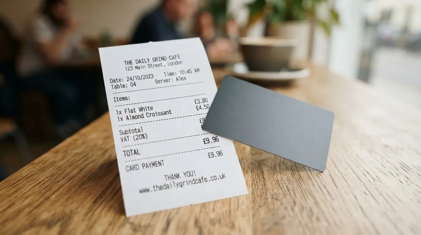 A receipt and a card on a café table