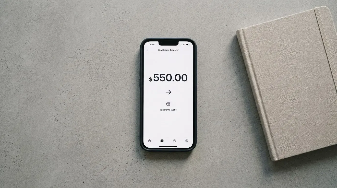 A phone showing a stablecoin transfer screen