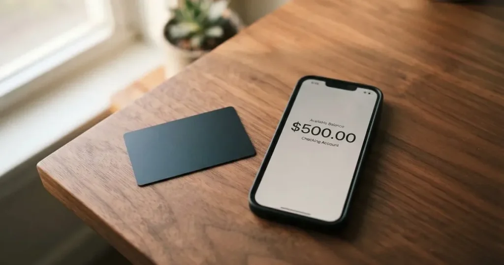A payment card next to a phone with a crypto wallet app open