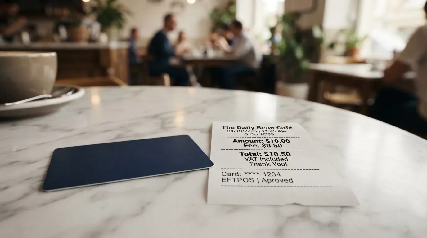 A receipt and a card on a café table