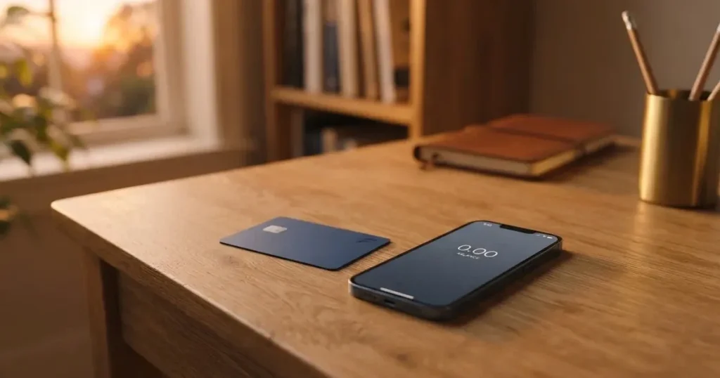 A payment card next to a phone with a crypto wallet app open