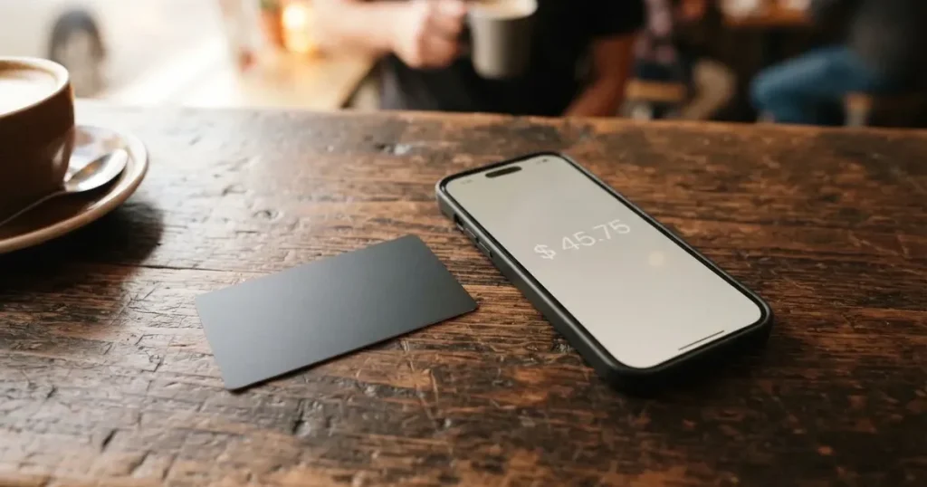 A payment card next to a phone with a crypto wallet app open
