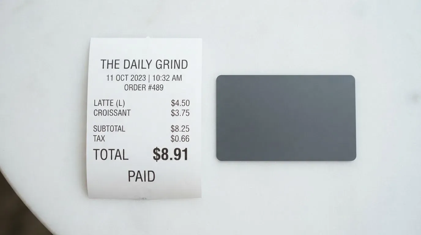 A receipt and a card on a café table