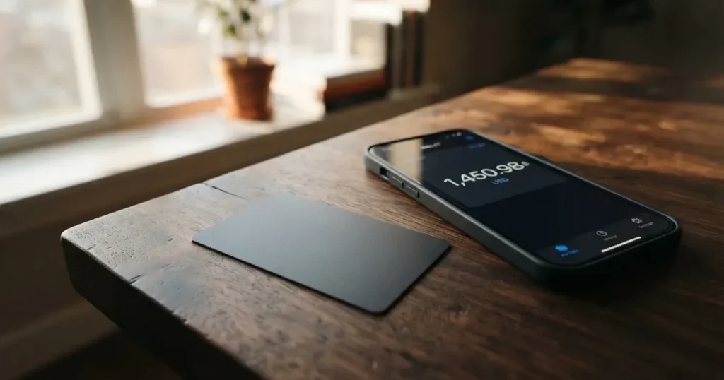A payment card next to a phone with a crypto wallet app open