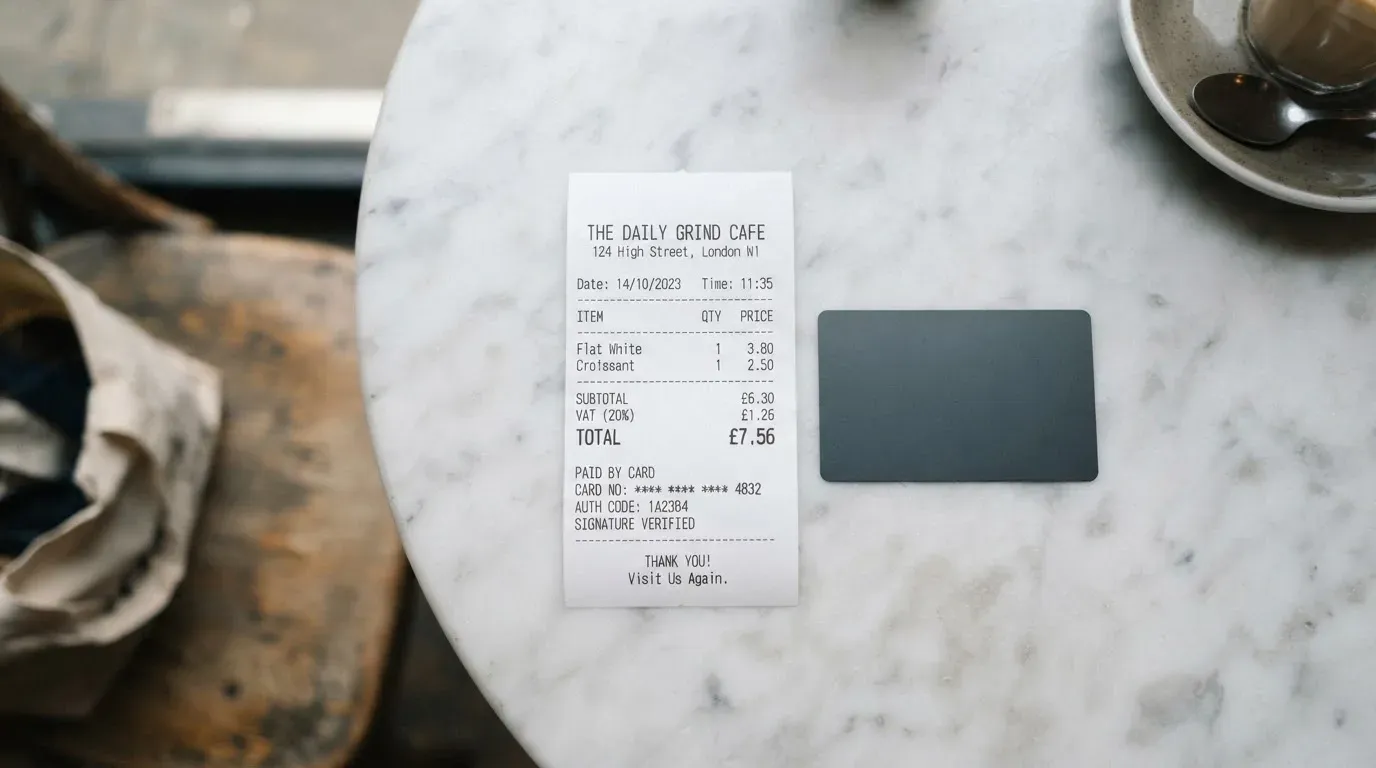 A receipt and a card on a café table