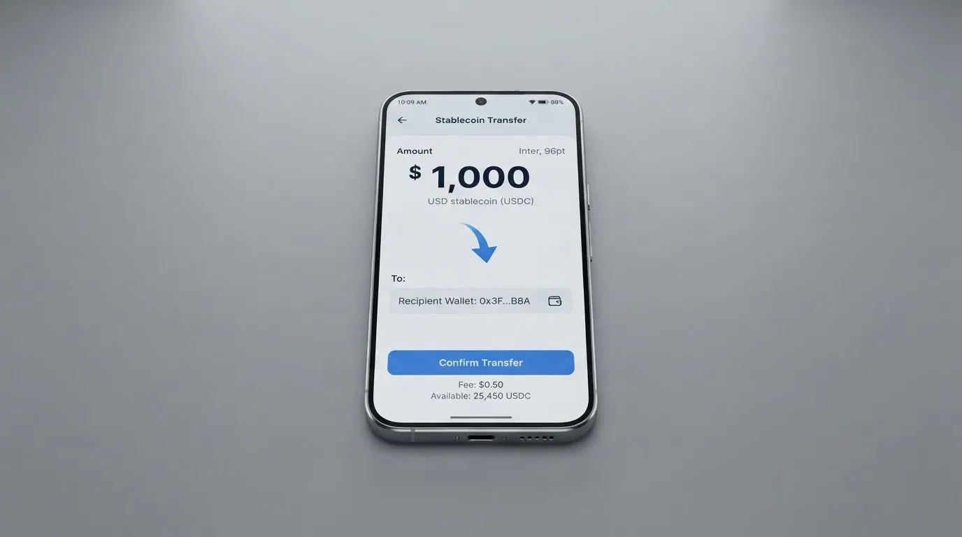 A phone showing a stablecoin transfer screen