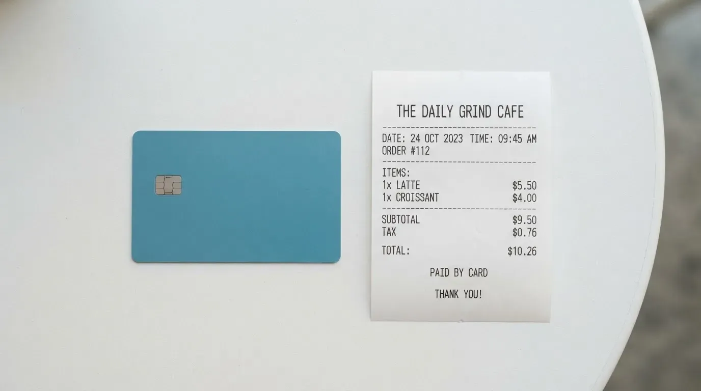 A receipt and a card on a café table