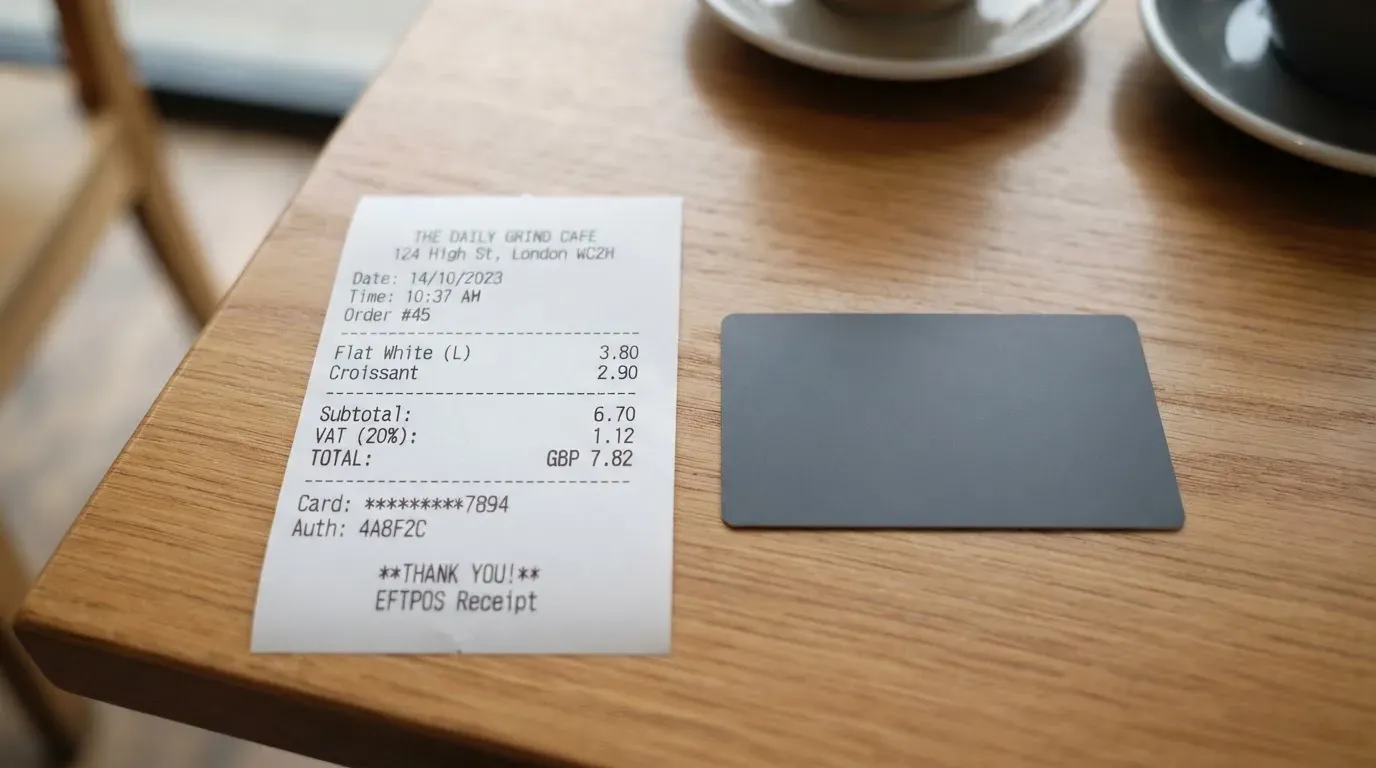 A receipt and a card on a café table