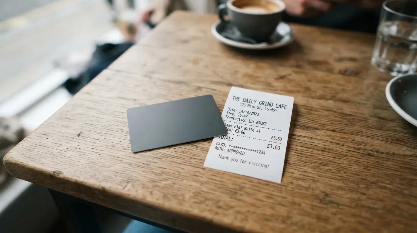 A receipt and a card on a café table