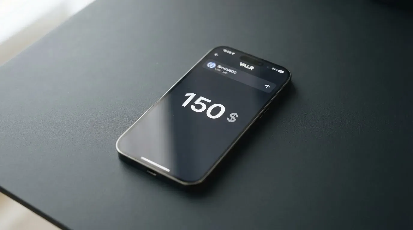 A phone showing a stablecoin transfer screen