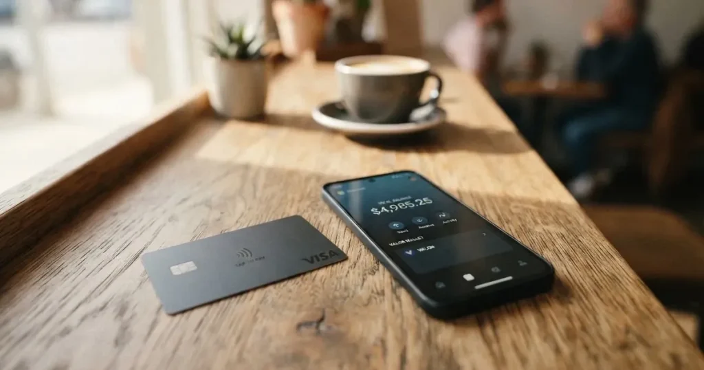 A payment card next to a phone with a crypto wallet app open
