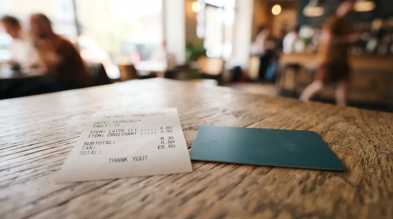 A receipt and a card on a café table