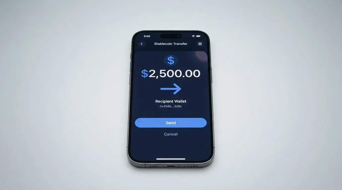 A phone showing a stablecoin transfer screen