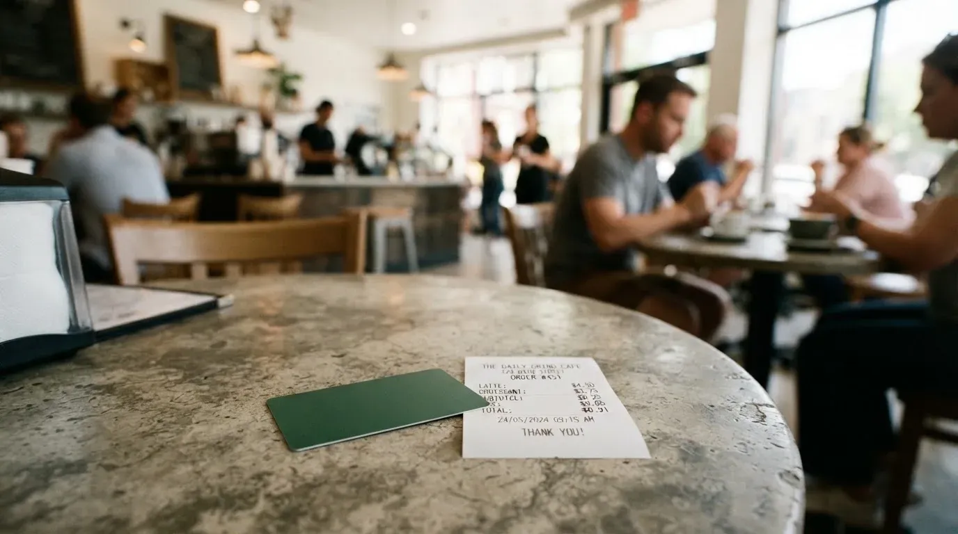 A receipt and a card on a café table
