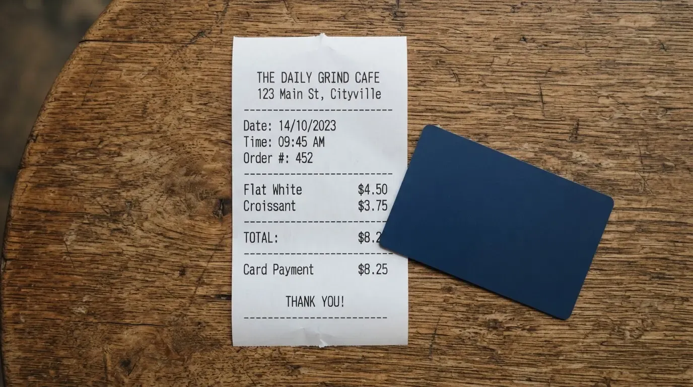 A receipt and a card on a café table