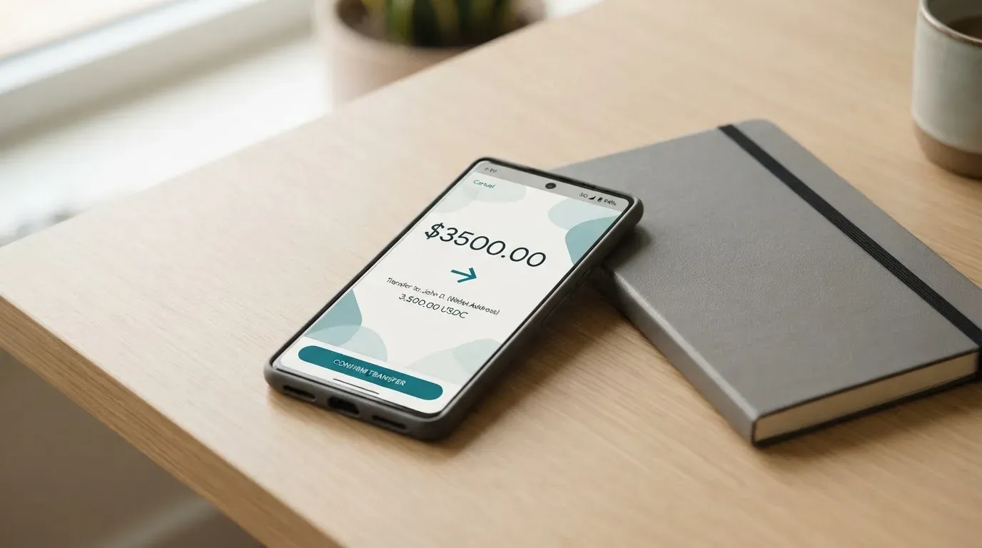 A phone showing a stablecoin transfer screen