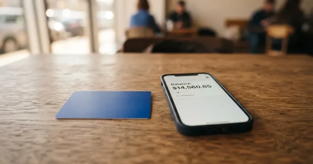 A payment card next to a phone with a crypto wallet app open