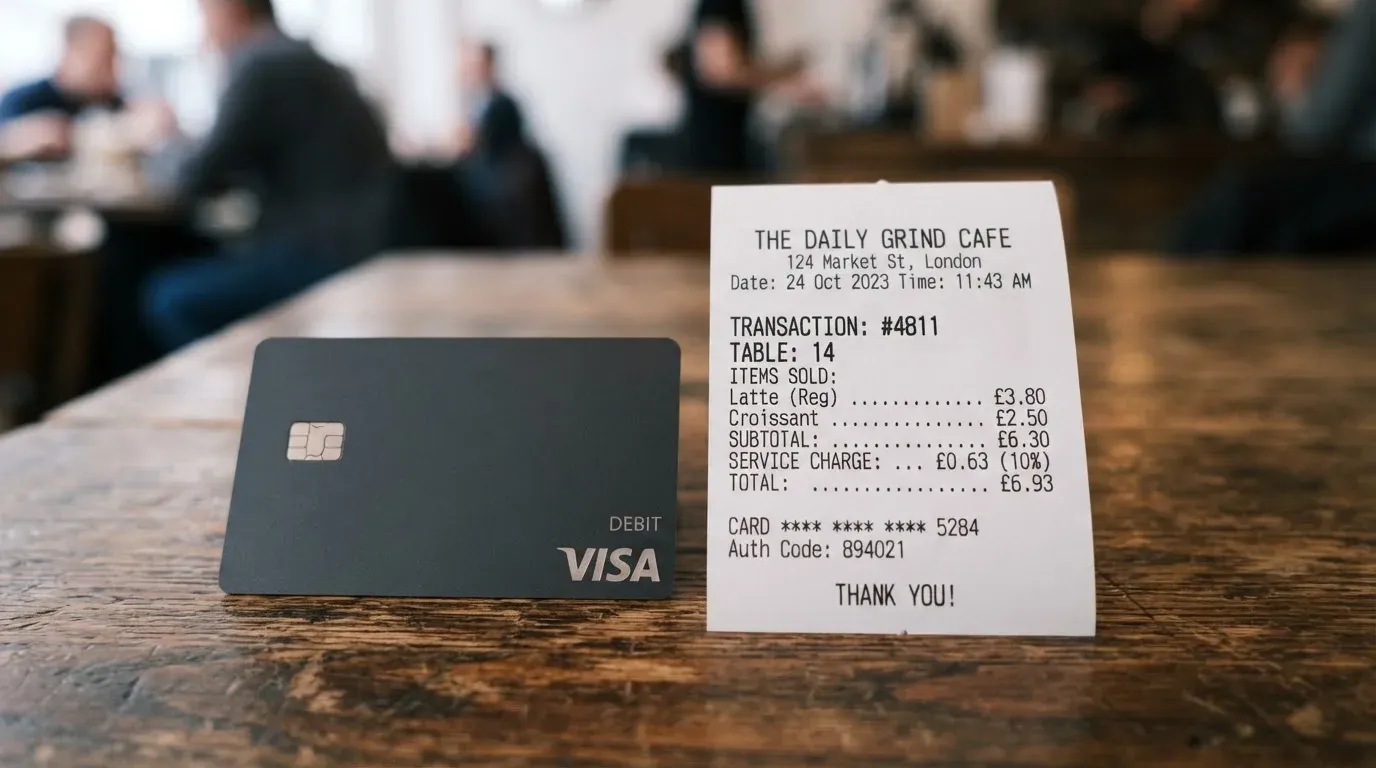 A receipt and a card on a café table