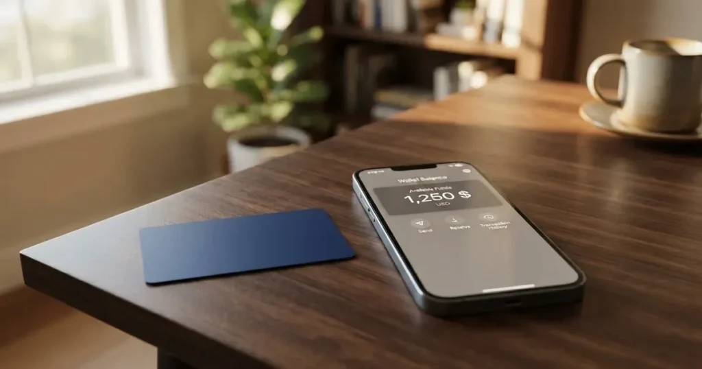 A payment card next to a phone with a crypto wallet app open