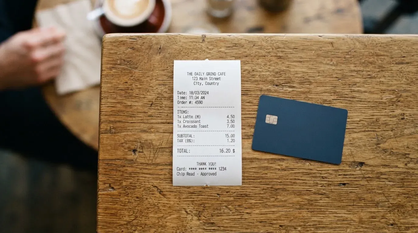 A receipt and a card on a café table