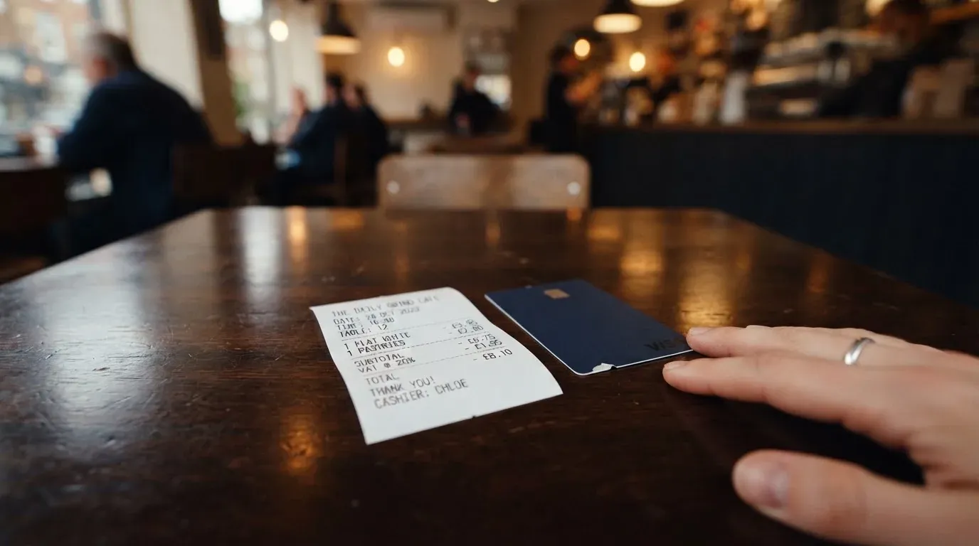 A receipt and a card on a café table