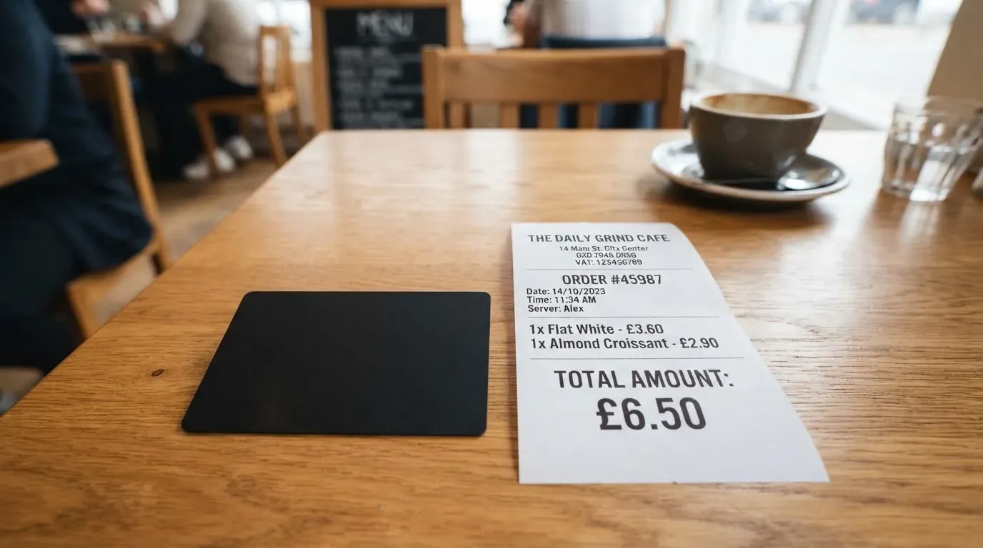 A receipt and a card on a café table