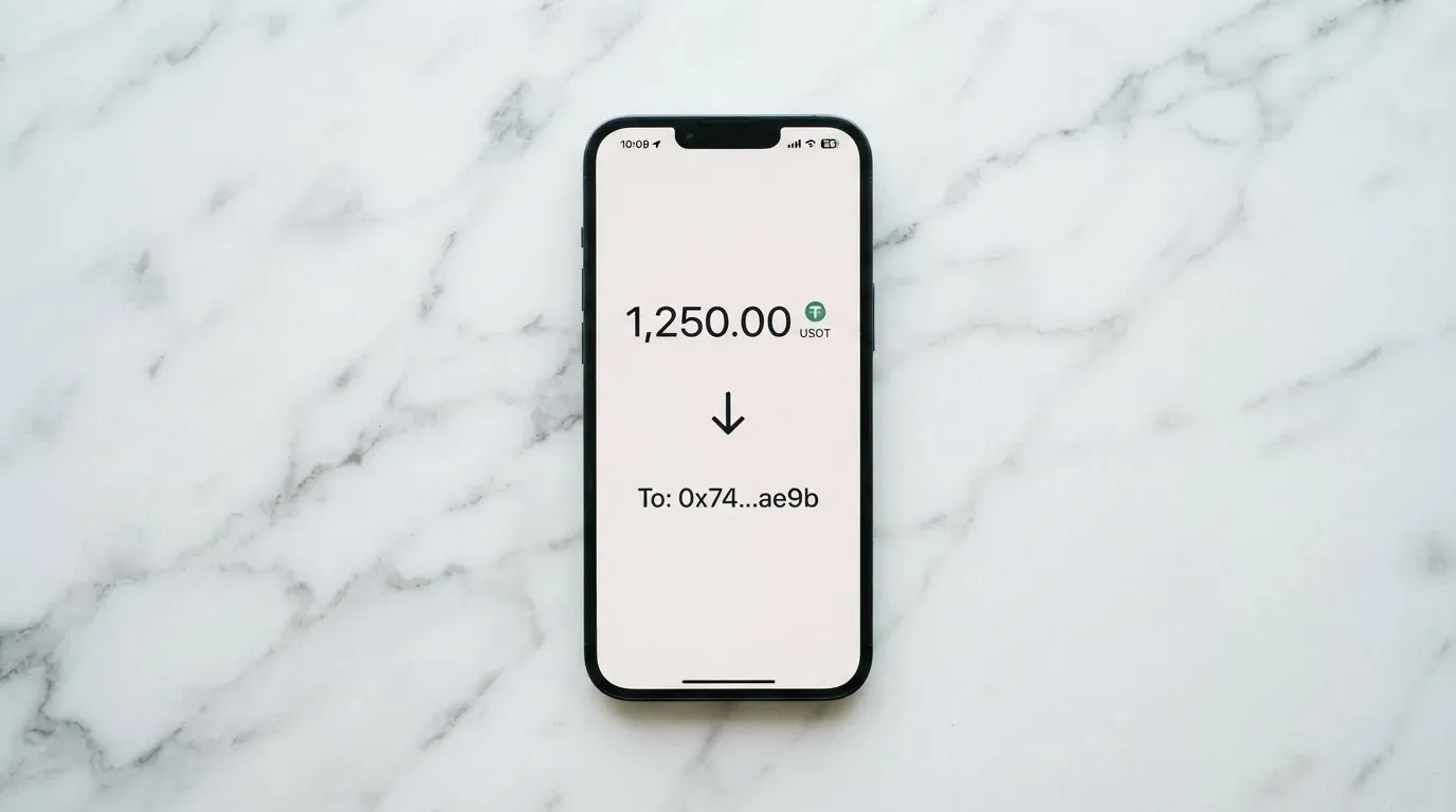 A phone showing a stablecoin transfer screen